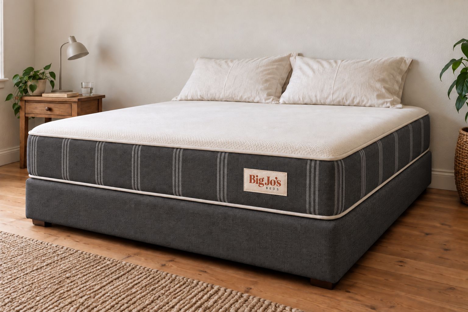 Big Jo’s mattress and matching base in Charcoal: dark grey woven sides with tonal stripes and a cream top, in a bedroom.